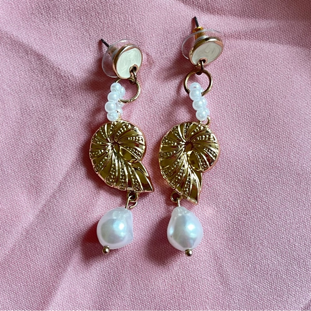 Gold and White Shell Drop Earrings